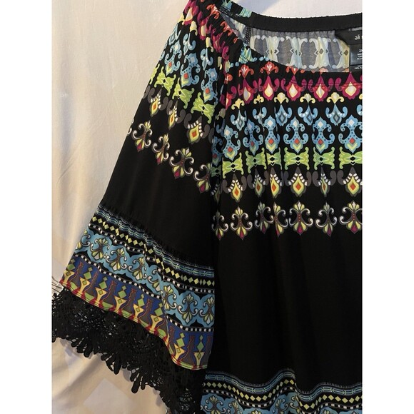 ALI MILES Crochet Lace Trim Black Multi Boho Art Bell Sleeves Peasant Tunic 2X - Picture 4 of 9